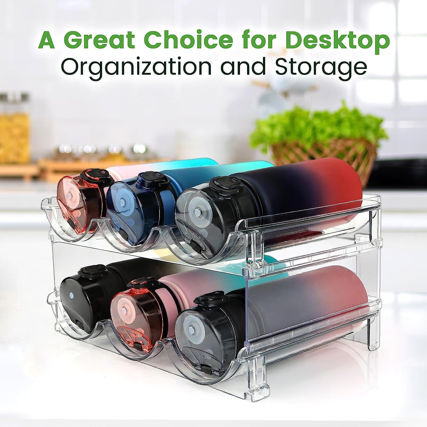 Water Bottle Storage Organizer - 2-Pack Stackable Rack for Cabinet Use