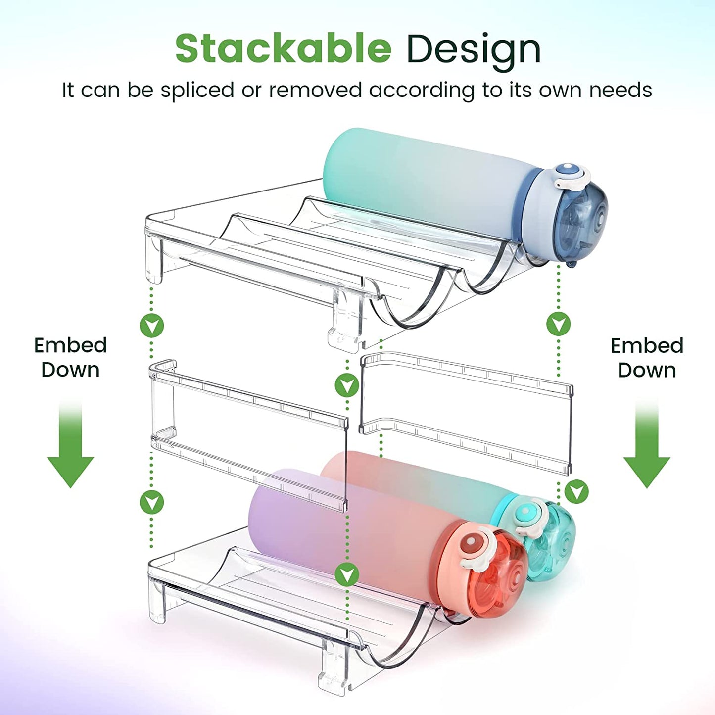 Water Bottle Storage Organizer - 2-Pack Stackable Rack for Cabinet Use