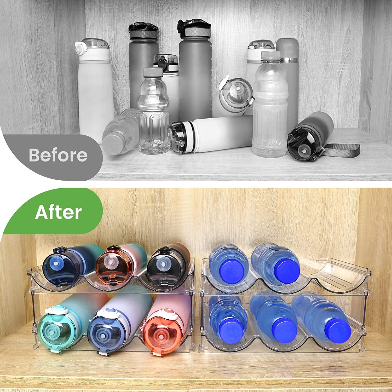 Water Bottle Storage Organizer - 2-Pack Stackable Rack for Cabinet Use