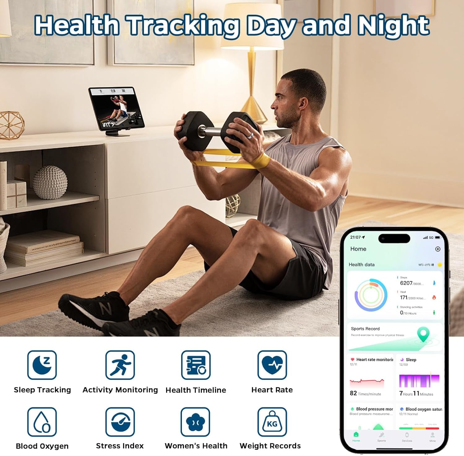 Smart Health Tracking Ring with Sleep Monitoring, Heart Rate Measurement, Waterproof Design, Activity Tracking (Steps, Distance, Calories), Air Gesture Control, Up to 7-Day Battery Life, Compatible with iOS and Android (Black, Size #10)