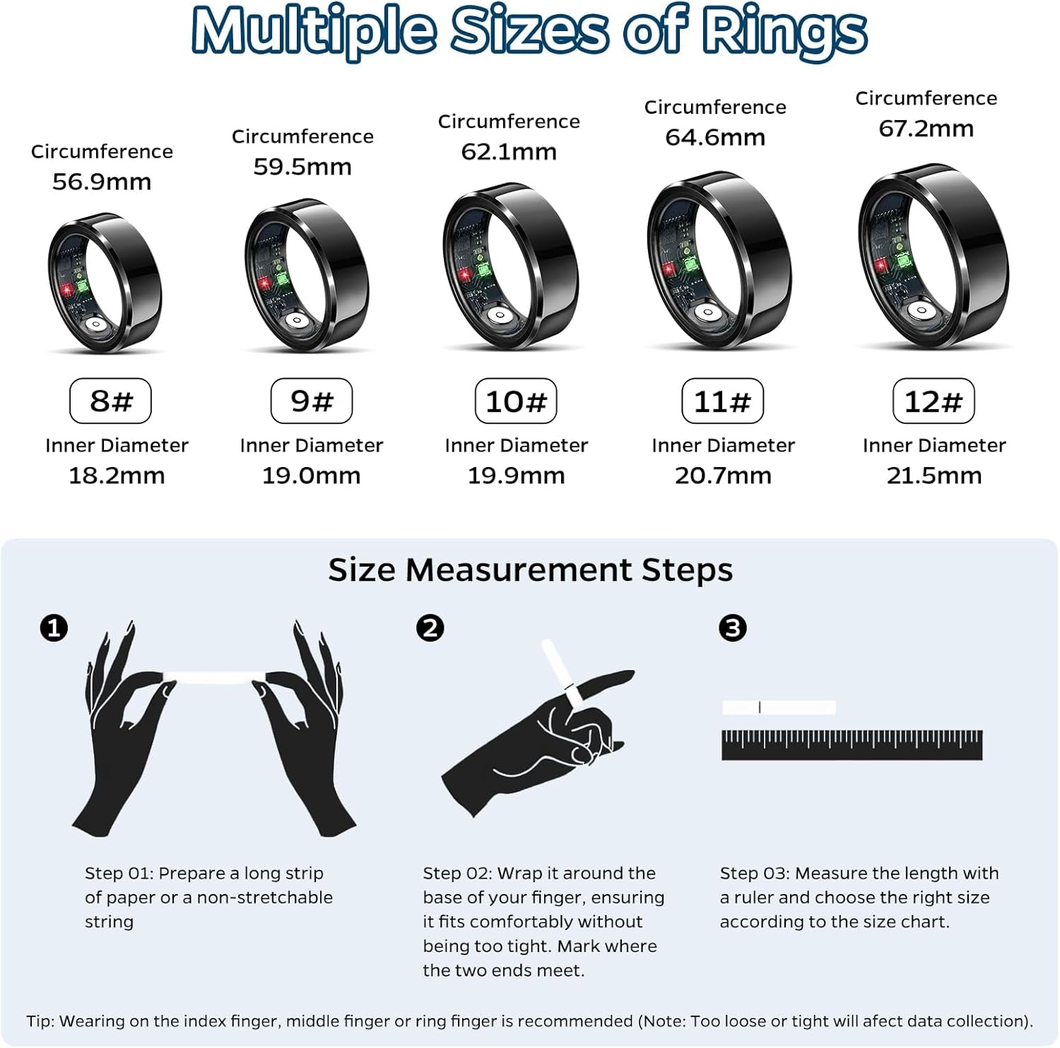 Smart Health Tracking Ring with Sleep Monitoring, Heart Rate Measurement, Waterproof Design, Activity Tracking (Steps, Distance, Calories), Air Gesture Control, Up to 7-Day Battery Life, Compatible with iOS and Android (Black, Size #10)