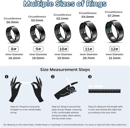 Smart Health Tracking Ring with Sleep Monitoring, Heart Rate Measurement, Waterproof Design, Activity Tracking (Steps, Distance, Calories), Air Gesture Control, Up to 7-Day Battery Life, Compatible with iOS and Android (Black, Size #10)